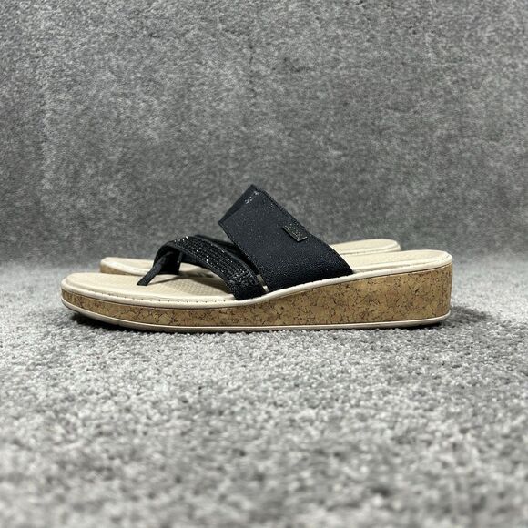 BZees Bora Bright Women's Sz 7 M Black Tan Machine Washable Thong Wedge Sandals - Picture 4 of 8